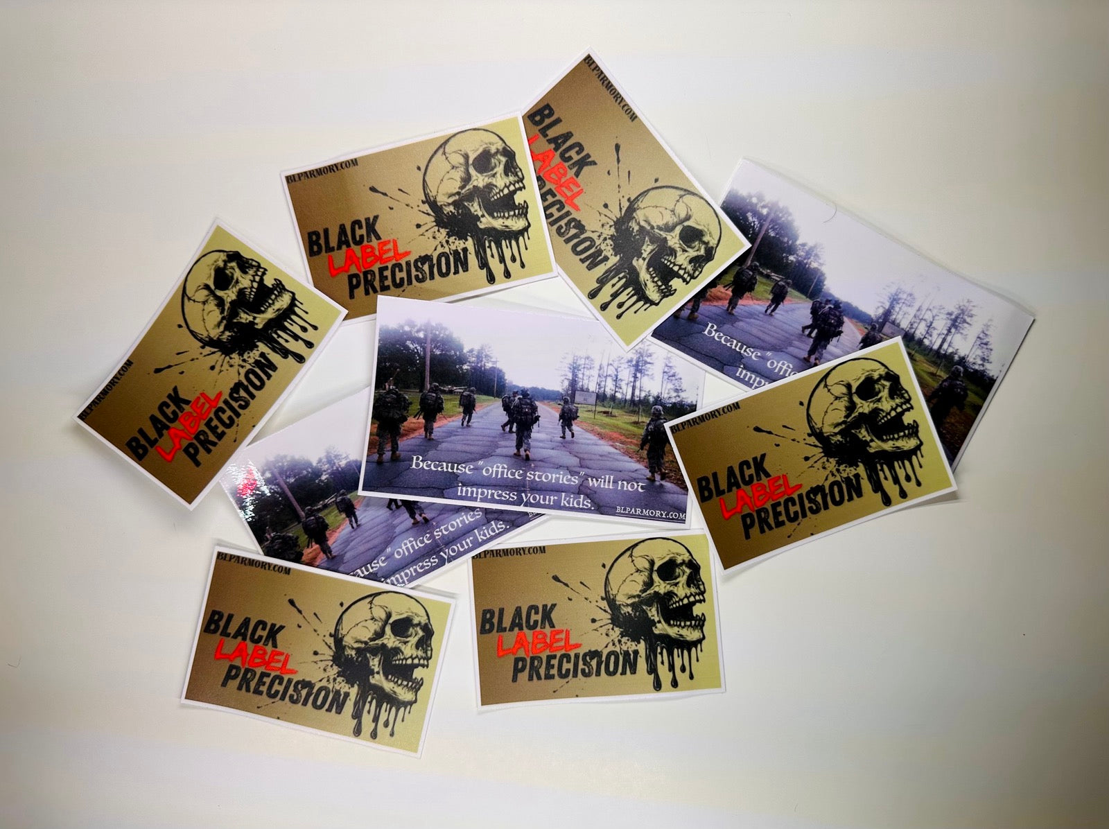 Black Label Precision firearm stickers featuring skull logo, tactical branding, and military-inspired designs on a white background.